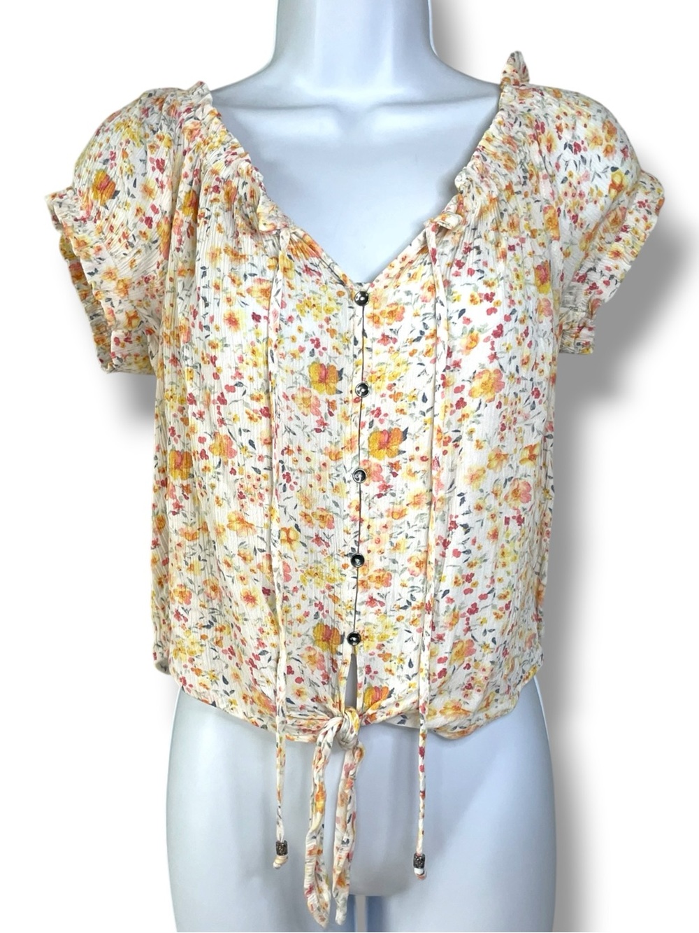 Hippie Rose Floral Cottagecore Blouse Peasant Puff Sleeve Tie Front Prairie Top